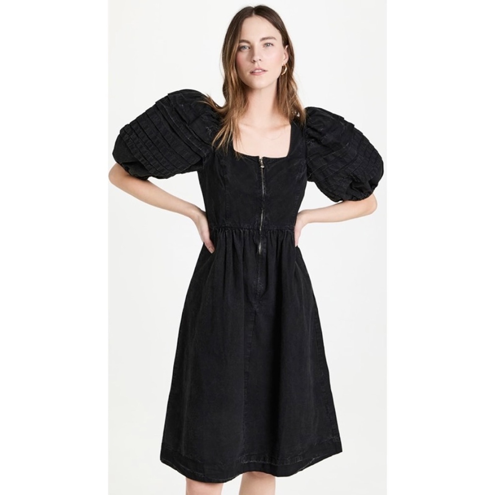 Sea Ny Suri Black Denim Puff Sleeve Zip Front Dress Size 4